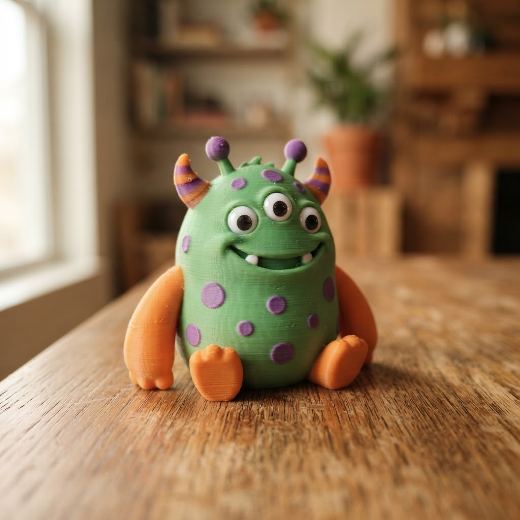 Finished 3D-printed toy of Bloop the Friendly