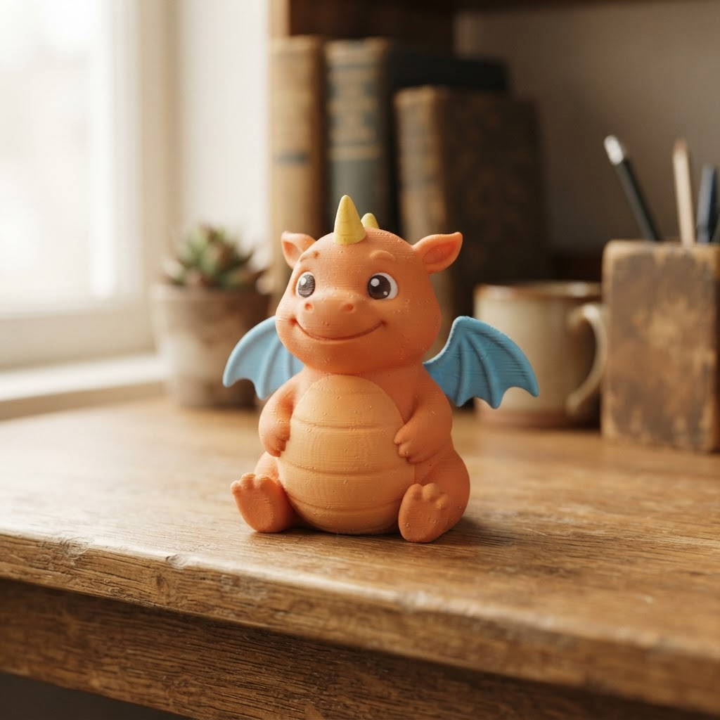 The final 3D-printed toy on a wooden shelf